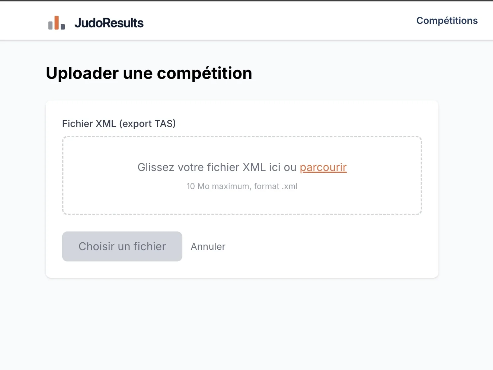 Page d'upload de JudoResults : zone glisser-déposer pour fichier XML d'export TAS.